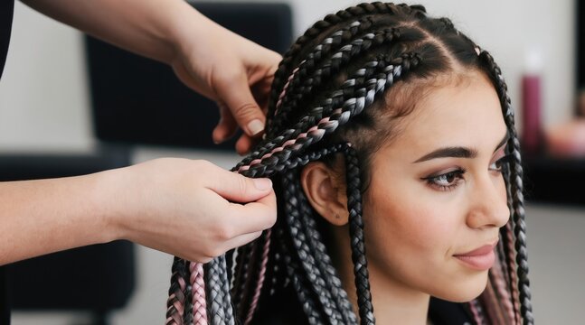 Stylist braids synthetic hair onto young woman in salon. Female gets Senegalese twists hairstyle with grey pink and black extensions. Process shows hair care.