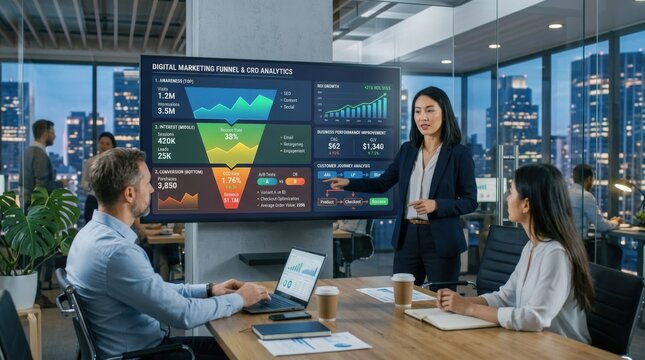 Conversion rate optimization concept with digital marketing funnel stages, awareness, interest and conversion metrics for business performance improvement, ROI growth and customer journey analysis,