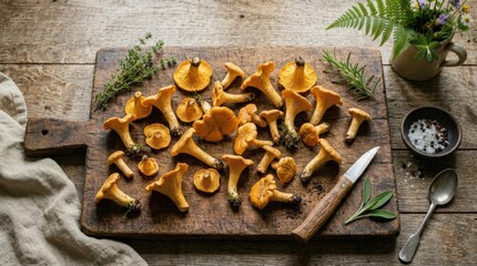 Fototapeta premium Fresh chanterelles arranged on wooden cutting board top view, forest mushrooms and seasonal food concept with rustic kitchen style, earthy organic texture and natural harvest appeal, photorealistic,