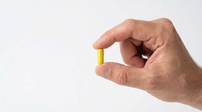 Male hand pinches yellow supplement capsule on white background, calm minimal copy space for pharmacy, wellness dosage concept and nutrition branding, clean clinical still life with precise gesture,