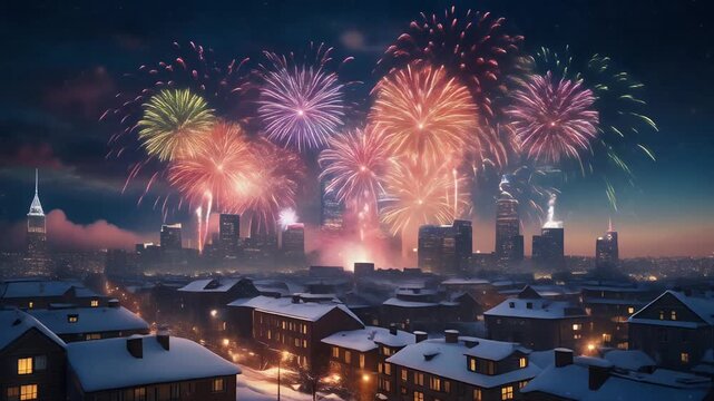 distant fireworks exploding over city skyline in cold winter night, colorful lights reflecting on snow-covered rooftops, festive holiday atmosphere, static camera, ultra realistic, 4k, 5 seconds, stab