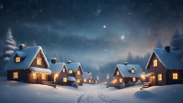 small snowy village with warm glowing lights, slow falling snow, calm winter night atmosphere, soft illumination on rooftops, static camera, ultra realistic, 4k, 5 seconds, stable footage, clean backg