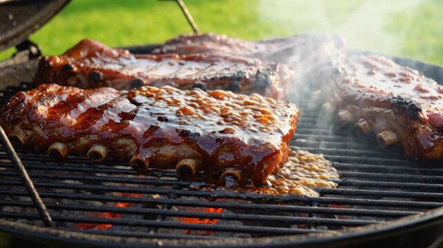 Pork ribs sizzling on outdoor barbecue grill with smoke and basting sauce in cinematic close up for food marketing