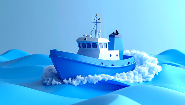 Stylized Blue Fishing Trawler Navigating Choppy Ocean Waves.