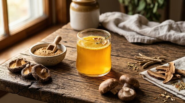 Golden adaptogenic mushroom elixir glowing in a modern glass on rustic wood, natural wellness drink concept with powder and shiitake around it, premium health beverage scene for holistic lifestyle