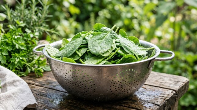 Fresh green spinach leaves placed in metal colander outdoors, raw organic baby spinach heap with waterdrops close up for healthy food, clean produce and natural kitchen preparation concept, natural