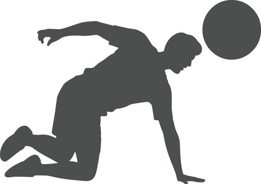 Man in gray silhouette playing soccer kicking ball with one knee on ground and arm extended  action pose