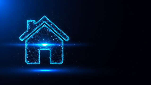 3D rendered glowing neon house symbol with bright light beams, futuristic tech design, ideal for smart home or digital innovation concepts.