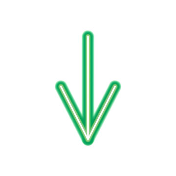Green neon glowing arrow icon pointing down for download or decrease