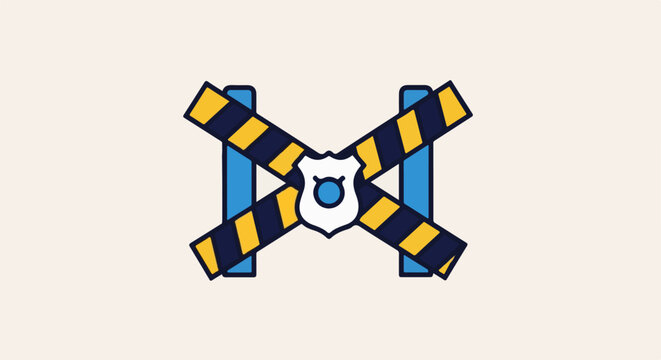 Stylized police badge crosses hazard tape, symbolizing security or exclusion