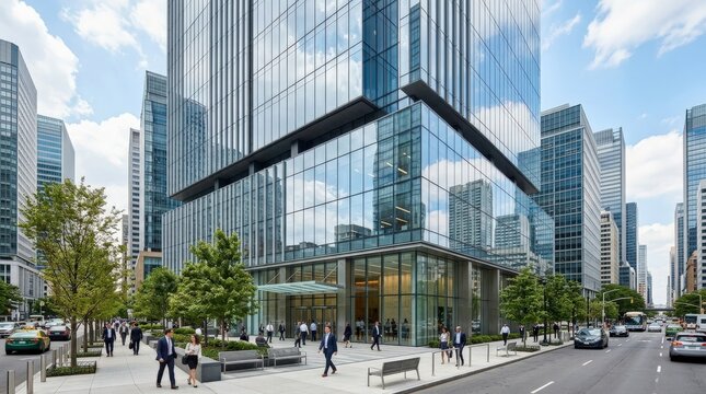 Modern office building with sleek glass facade, contemporary corporate architecture, clean urban lines and premium business district atmosphere for real estate, workplace and city development themes