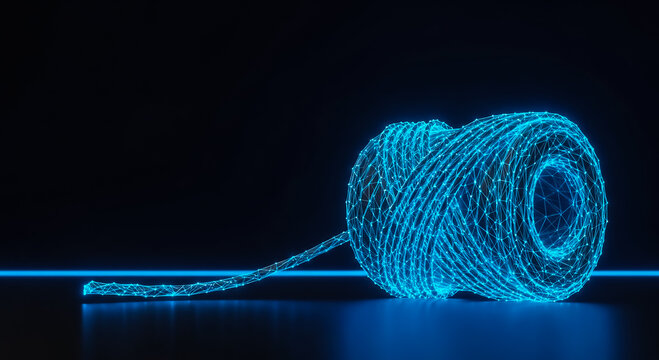 A glowing blue digital representation of a thread spool with an unraveled line extending across a dark surface.