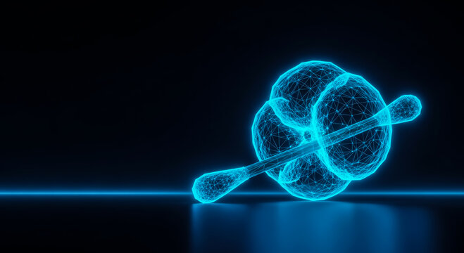 Futuristic 3D render of an atomic nucleus with glowing blue electrons orbiting, symbolizing science, energy, and technology.