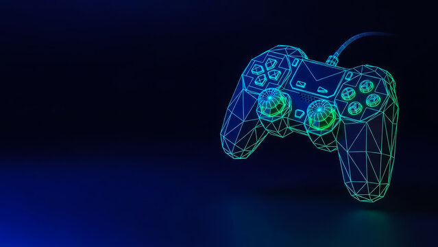 A modern, illuminated gaming controller with a geometric, wireframe design, glowing in blue and green hues against a dark background.