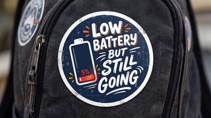 Naklejka premium Backpack with low battery still going patch showing resilience