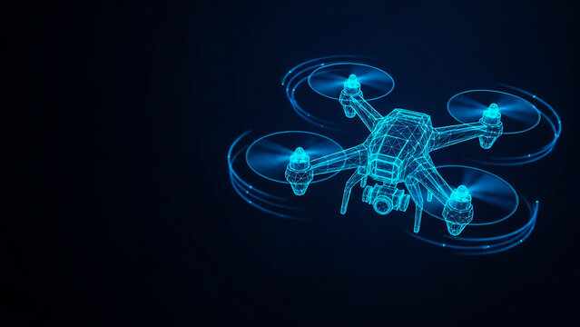 3D render of a high-tech drone featuring neon blue circuitry and rotating propellers, set against a dark background for a sci-fi effect.