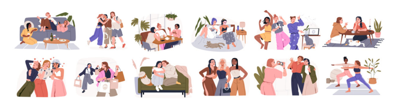 Woman friends, female friendship set. Happy girls at leisure activities, shopping, cafe, home party together. Young women meeting, communication. Flat vector illustration isolated on white background