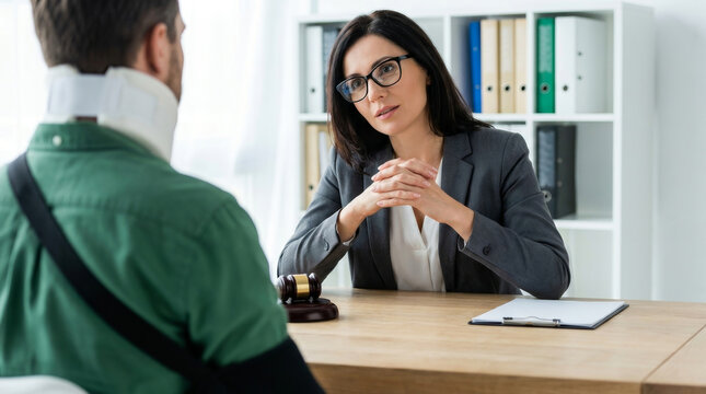 Law injury attorney consultation office meeting legal advice client neck brace gavel. injury law. lawyer legal document personal insurance litigation, justice, court, gavel