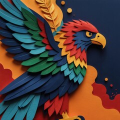 Fototapeta premium Paper cut eagle bird with vibrant colorful feathers. Majestic raptor has yellow beak and sharp eye. Wild animal artwork in bright, bold, abstract style. Symbol of freedom, power, nature.