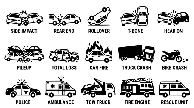 Set of black and white vehicle accident icons vector illustration