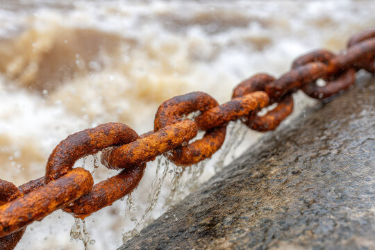 Rusty chain corroded metal rough texture water spray turbulent floodwater concrete pontoon floating house flood resilient harsh daylight high grain Rusty chain with corroded metal links and rough