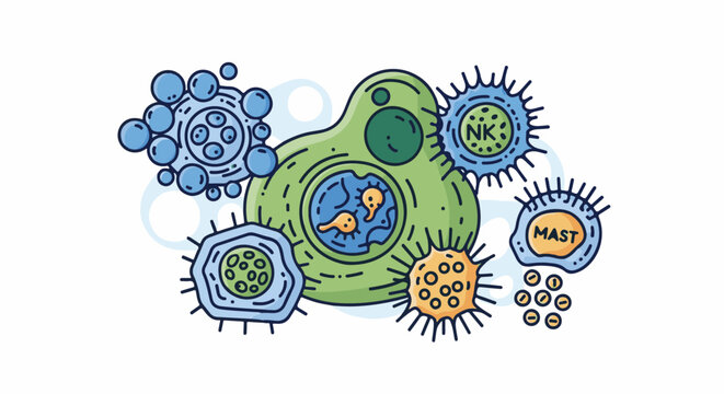 Stylized cartoon depiction of various immune cells and pathogens