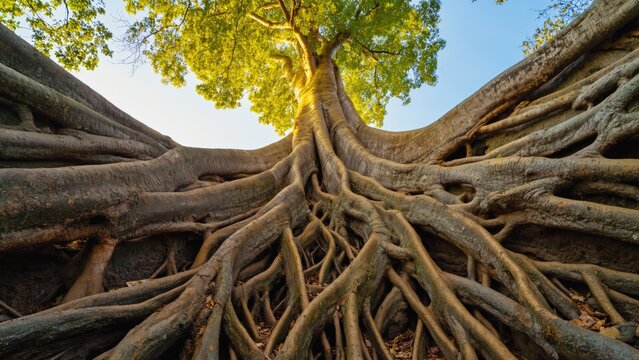 Ancient Banyan Tree Roots - Massive Aerial Root System, Tropical Forest Landscape, Nature's Strength and Resilience.