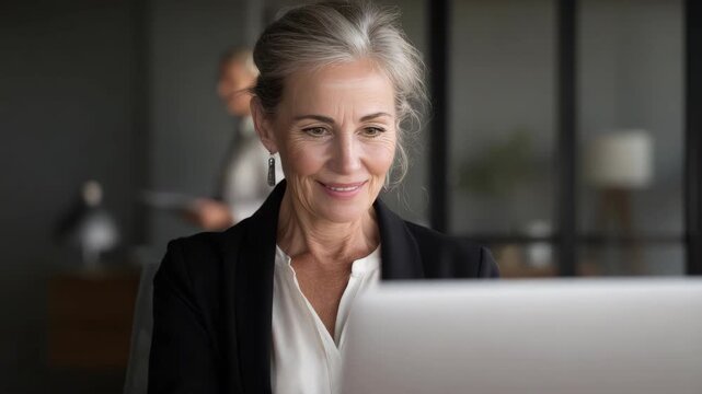 tablet of a grey-haired woman wearing glasses focused on her laptop. She is in an office setting with neutral tones and appears to be smiling.