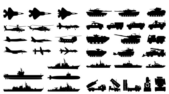 Collection of black silhouettes representing modern military combat vehicle designs