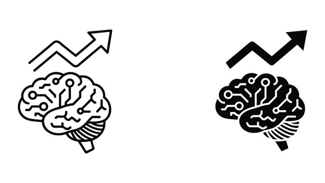 Black and white brain icons with circuit board details and growing graph arrows