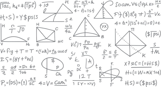 Hand drawn mathematical equations and geometric shapes on a white background mathematics formula geometry
