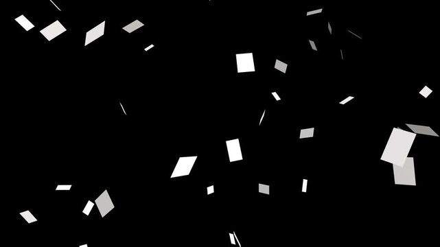 White paper documents falling from above overlay, flying sheets of white paper. Blank paper sheets falling down with luma matte, paper sheets flying and explosion effect.