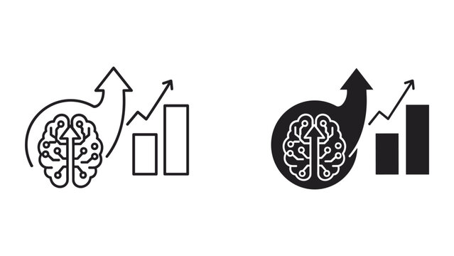 Brain with arrows and graphs in black and white on white background