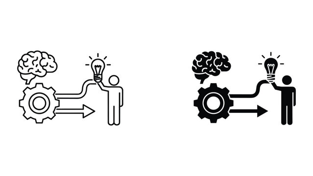 Black and white line icons of a person having an idea with a gear and brain