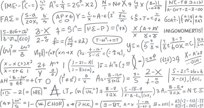 Handwritten mathematical equations and formulas on a white background with gray ink mathematics algebra