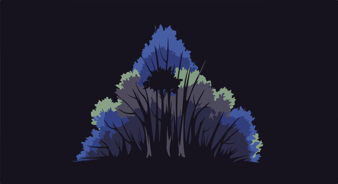 Stylized depiction of a dense, triangular clump of trees at twilight