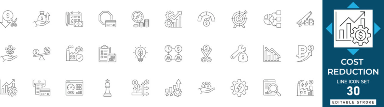 Cost Reduction Icons Expense Management, Budget Cutting and Financial Efficiency Line Symbols
