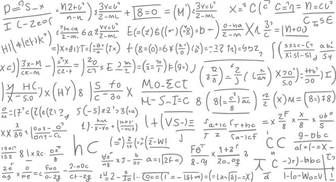 Handwritten mathematical equations and formulas scribbled on a white background with gray ink mathematics