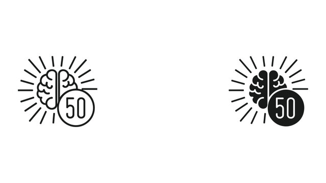 Brain icon with number fifty in a circle and sunburst lines around it in black color