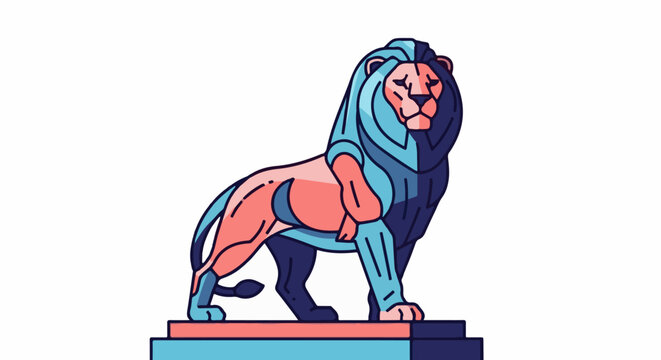 Stylized lion statue in blue and pink tones stands on a multi-layered pedestal