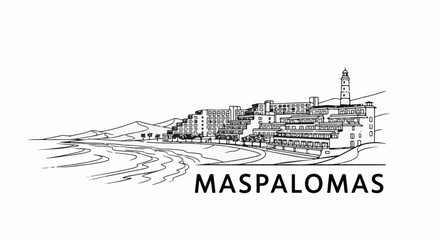Obraz premium Stylized illustration of a coastal resort town with a lighthouse on a hill
