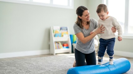 Fototapeta premium Woman therapist guiding young boy with leg braces on parallel bars during walking exercise. Pediatric physical therapy session in rehabilitation