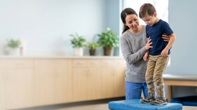 Woman therapist guiding young boy with leg braces on parallel bars during walking exercise. Pediatric physical therapy session in rehabilitation