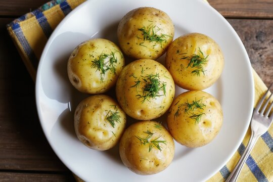 Small whole boiled potatoes with fresh dill sprigs served on white plate. Simple rustic dish with fork and yellow napkin. Tasty potato meal.