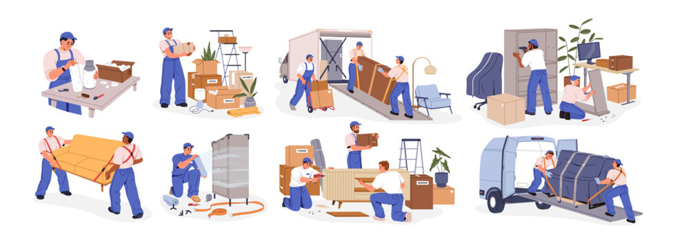 Moving service set. Packing stuff, carrying boxes, loading and unloading furniture in truck. Professional workers team helping with relocation. Flat vector illustration isolated on white background