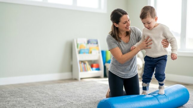 Woman therapist guiding young boy with leg braces on parallel bars during walking exercise. Pediatric physical therapy session in rehabilitation
