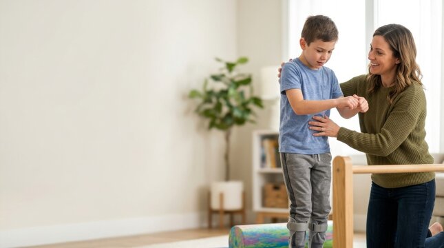 Woman therapist guiding young boy with leg braces on parallel bars during walking exercise. Pediatric physical therapy session in rehabilitation