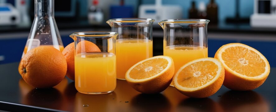 Oranges and their juice in lab beakers. Scientists test quality control for fresh citrus fruit and natural liquid. Research for food production and vitamin content.