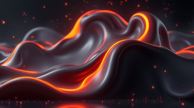 Abstract fluid shapes, glowing red lines within dark surface. Dramatic lighting creates dynamic, flowing forms. Sparks add visual interest.