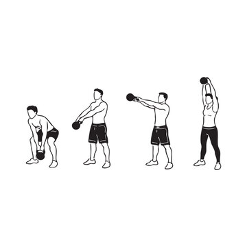Minimal black and white vector illustrations showing the stages of kettlebell swing exercise, ideal for fitness, gym, and workout themed designs.